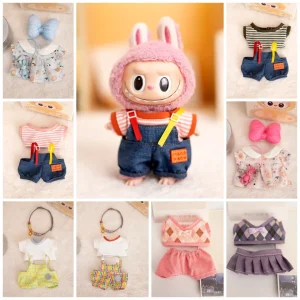 17 Cm Labubu Plush Toy Doll T-shirt with Denim Overalls Labubu Plush Toy Doll Pendant Clothes High quality